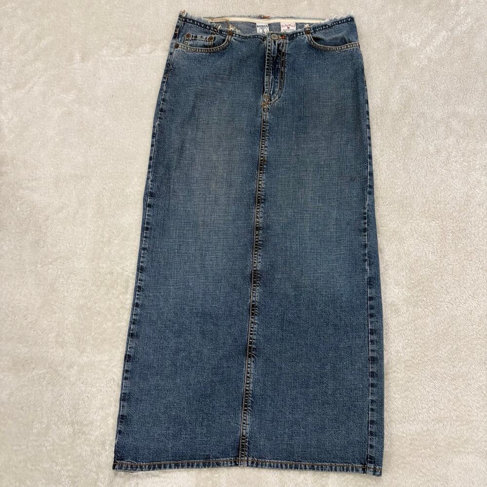 Vintage Lucky Brand 6/28 Denim Maxi Skirt USA Raw Waist Y2K Grunge